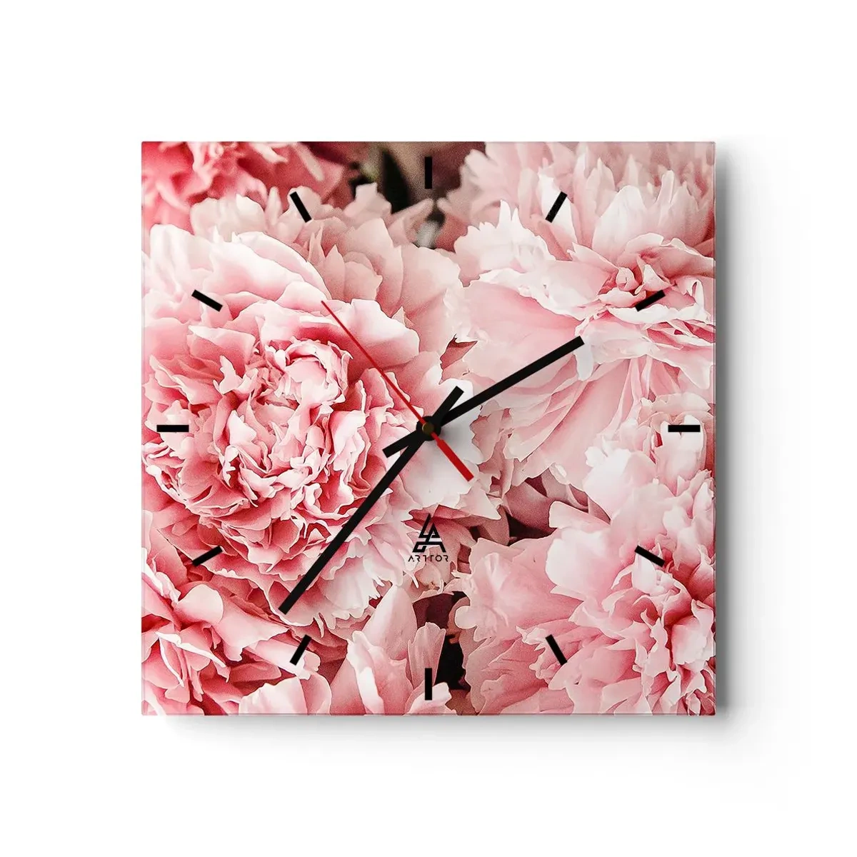 Zegar ścienny - Subtelne różowe piwonie w delikatnym ujęciu - 30x30cm - Różowe marzenie - Nowoczesna dekoracja ścienna do salonu i sypialni ARTTOR