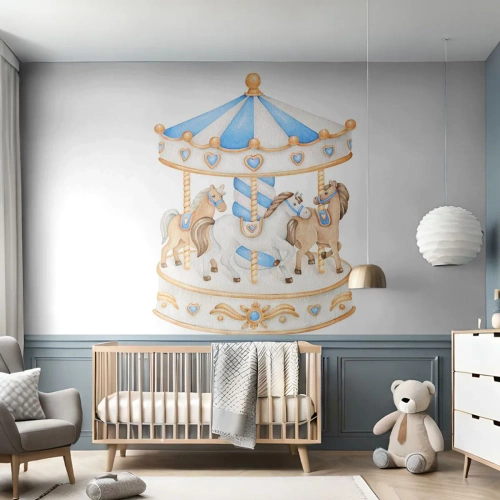 Fototapeta Standard Eco - Karuzela z konikami w pastelowych barwach na białym tle - 100x70cm - Słodkie dzieciństwo - Nowoczesna dekoracja ścienna do salonu i sypialni ARTTOR