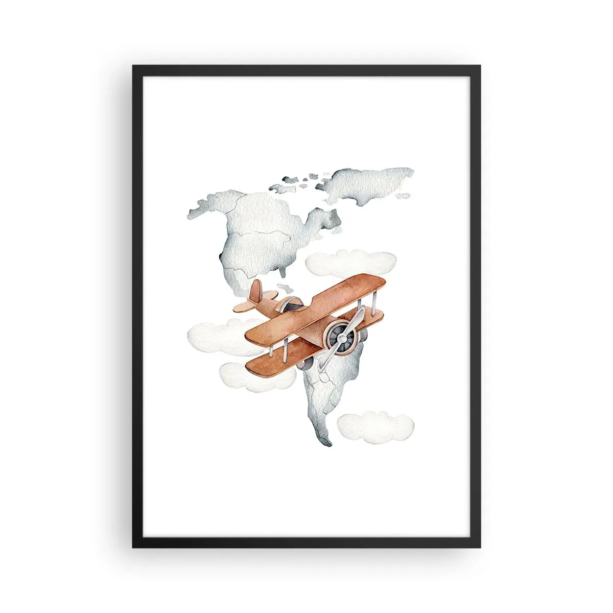 Plakat w czarnej ramie - Dwupłatowiec nad mapą świata w chmurach - 50x70cm - W pionierskim duchu - Nowoczesna dekoracja ścienna do salonu i sypialni ARTTOR