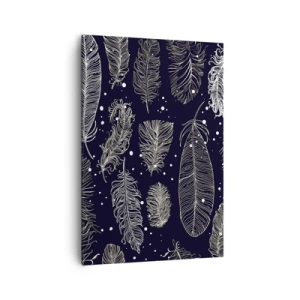 Obraz na płótnie - Delikatne białe pióra na granatowym tle - 70x100cm - Pierzasta koronka - Nowoczesna dekoracja ścienna do salonu i sypialni ARTTOR