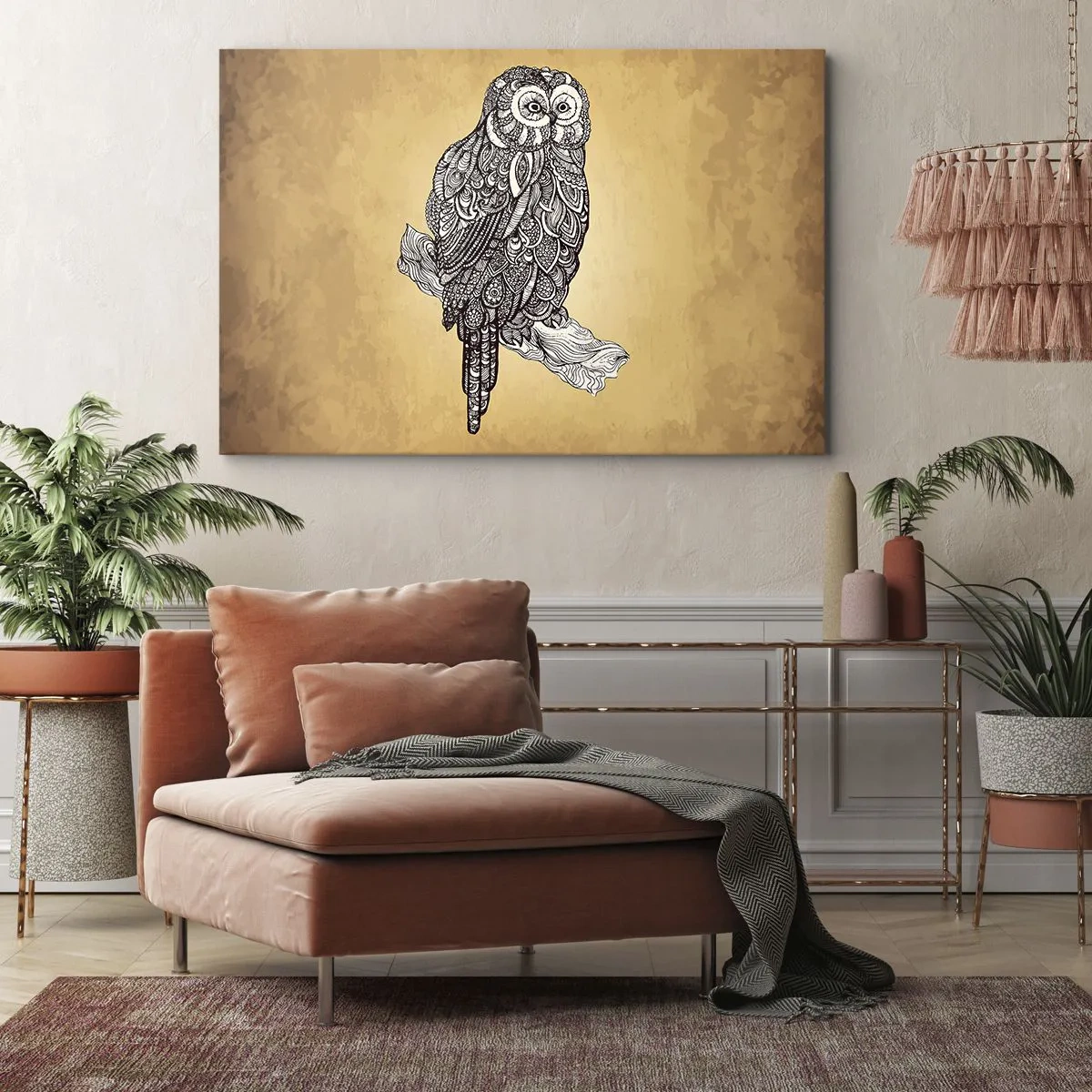 Obraz na płótnie - Sowa w ornamentalnym stylu na tle w odcieniach beżu - 70x50cm - Misterne ornamenty mądrości - Nowoczesna dekoracja ścienna do salonu i sypialni ARTTOR