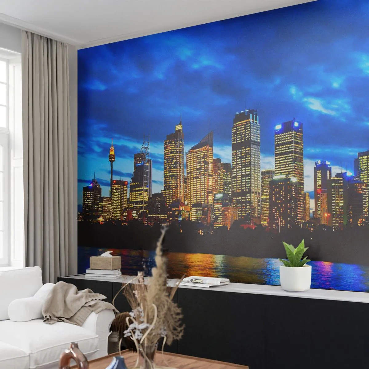Fototapeta Premium Sand - Panorama miasta nocą z odbiciem świateł w wodzie - 100x70cm - Noc świateł i barw - Nowoczesna dekoracja ścienna do salonu, kuchni i sypialni ARTTOR