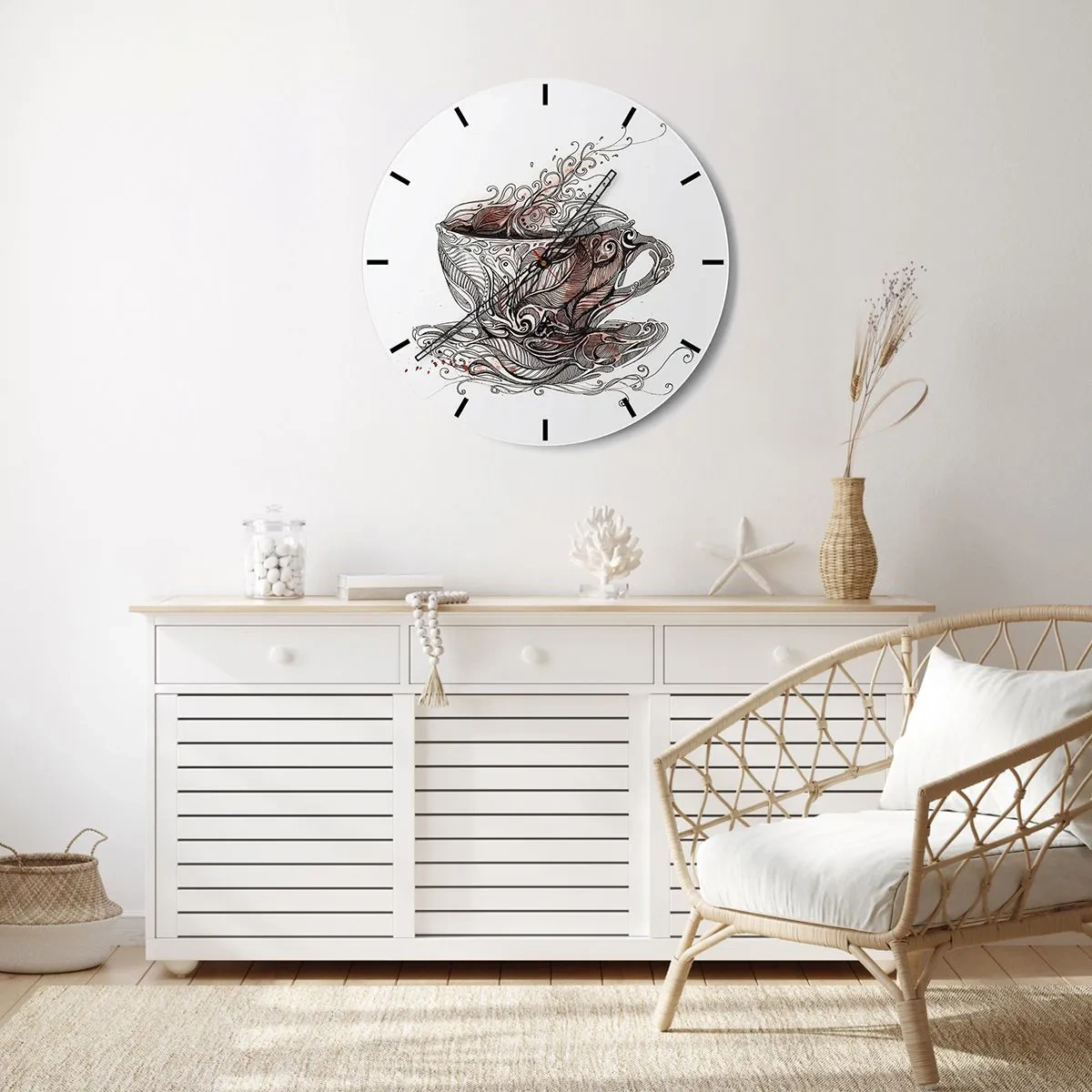Zegar ścienny - Filiżanka z kawą w artystycznym wzorze - 30x30cm - Herbata dobra na wszystko - Nowoczesna dekoracja ścienna do salonu, kuchni i sypialni ARTTOR