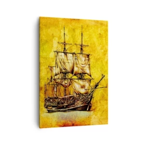 Obraz na płótnie - Stylizowany rysunek żaglowca na złotym tle o vintage charakterze - 70x100cm - Kierunek Tortuga! - Nowoczesna dekoracja ścienna do salonu i sypialni ARTTOR