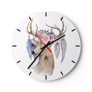 Zegar ścienny - Artystyczny rysunek jelenia z kwiatami na porożu i piórami - 30x30cm - Przewodnik duszy - delikatny, niewinny - Nowoczesna dekoracja ścienna do salonu, kuchni i sypialni ARTTOR