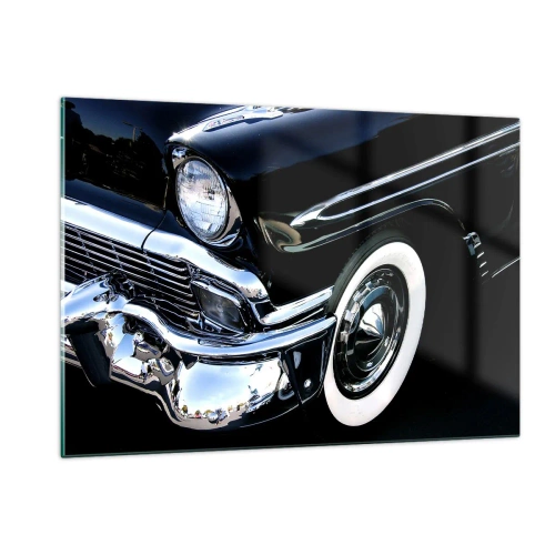 Obraz na szkle - Zbliżenie na zabytkowy czarny samochód z chromowanymi detalami - 120x80cm - Klasyka w srebrze, czerni i bieli - Nowoczesna dekoracja ścienna do salonu, kuchni i sypialni ARTTOR