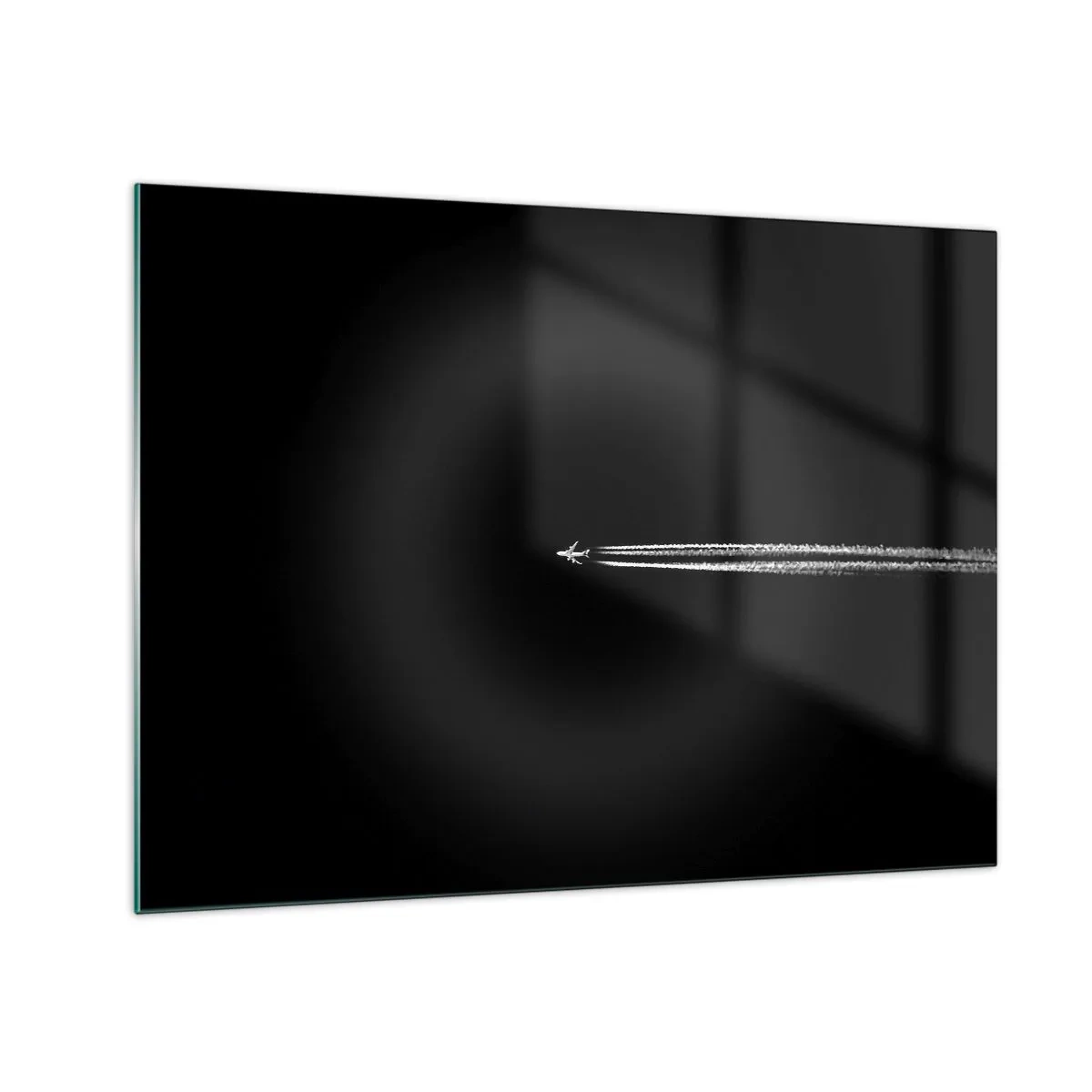 Obraz na szkle - Samolot odrzutowy na czarnym tle z smugą kondensacyjną - 70x50cm - W inny wymiar - Nowoczesna dekoracja ścienna do salonu i sypialni ARTTOR
