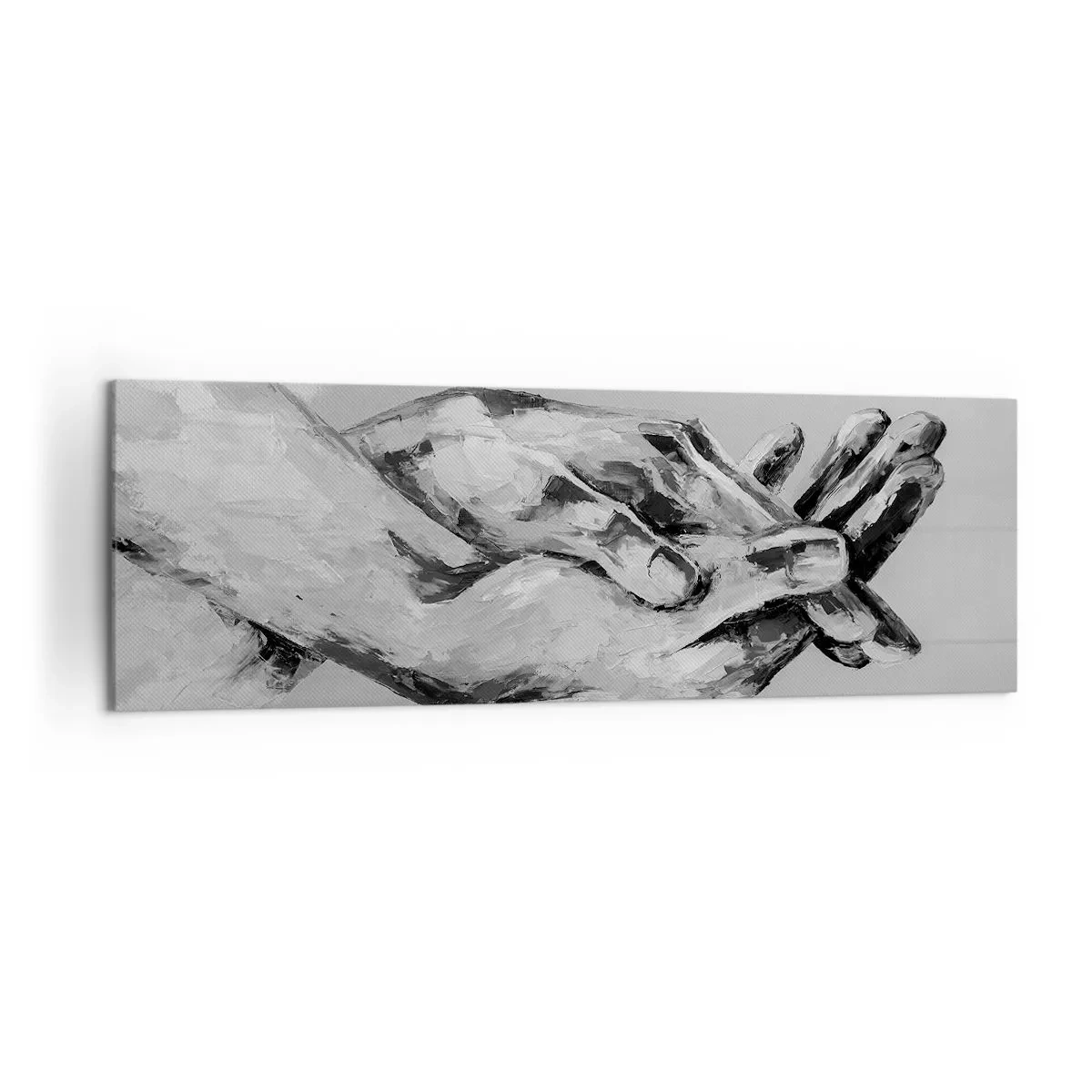 Obraz na płótnie - Czarno-biała kompozycja dwóch splecionych dłoni na jasnym tle - 160x50cm - Początek… - Nowoczesna dekoracja ścienna do salonu i sypialni ARTTOR