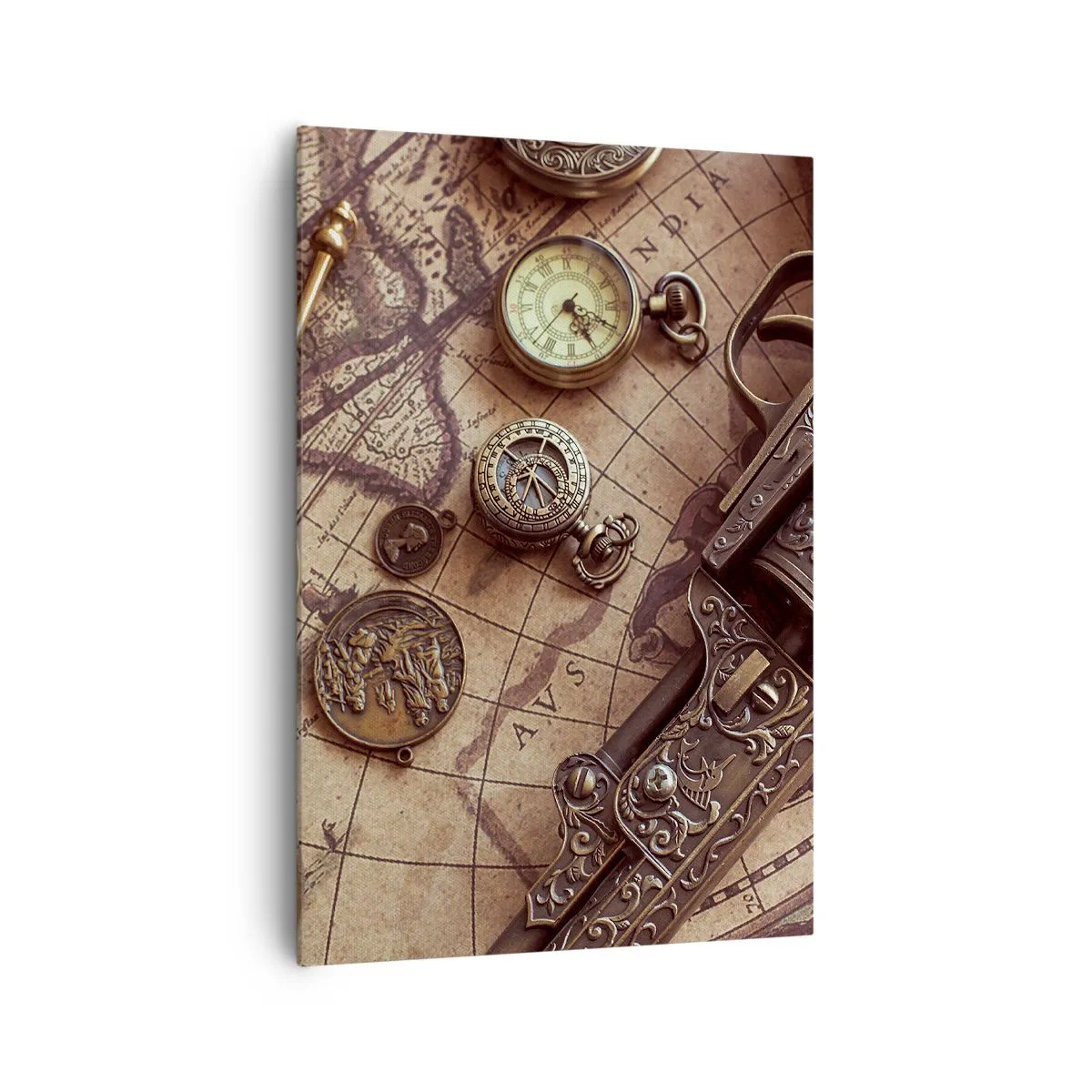 Obraz na płótnie - Zabytkowe przedmioty na starej mapie w retro stylu - 70x100cm - Przygoda wzywa - Nowoczesna dekoracja ścienna do salonu i sypialni ARTTOR