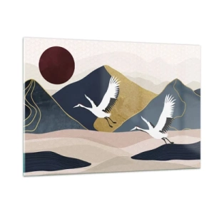 Obraz na szkle - Dwa żurawie lecące nad falistym krajobrazem z czerwonym słońcem - 120x80cm - I znowu ZLECIAŁ dzień - Nowoczesna dekoracja ścienna do salonu, kuchni i sypialni ARTTOR