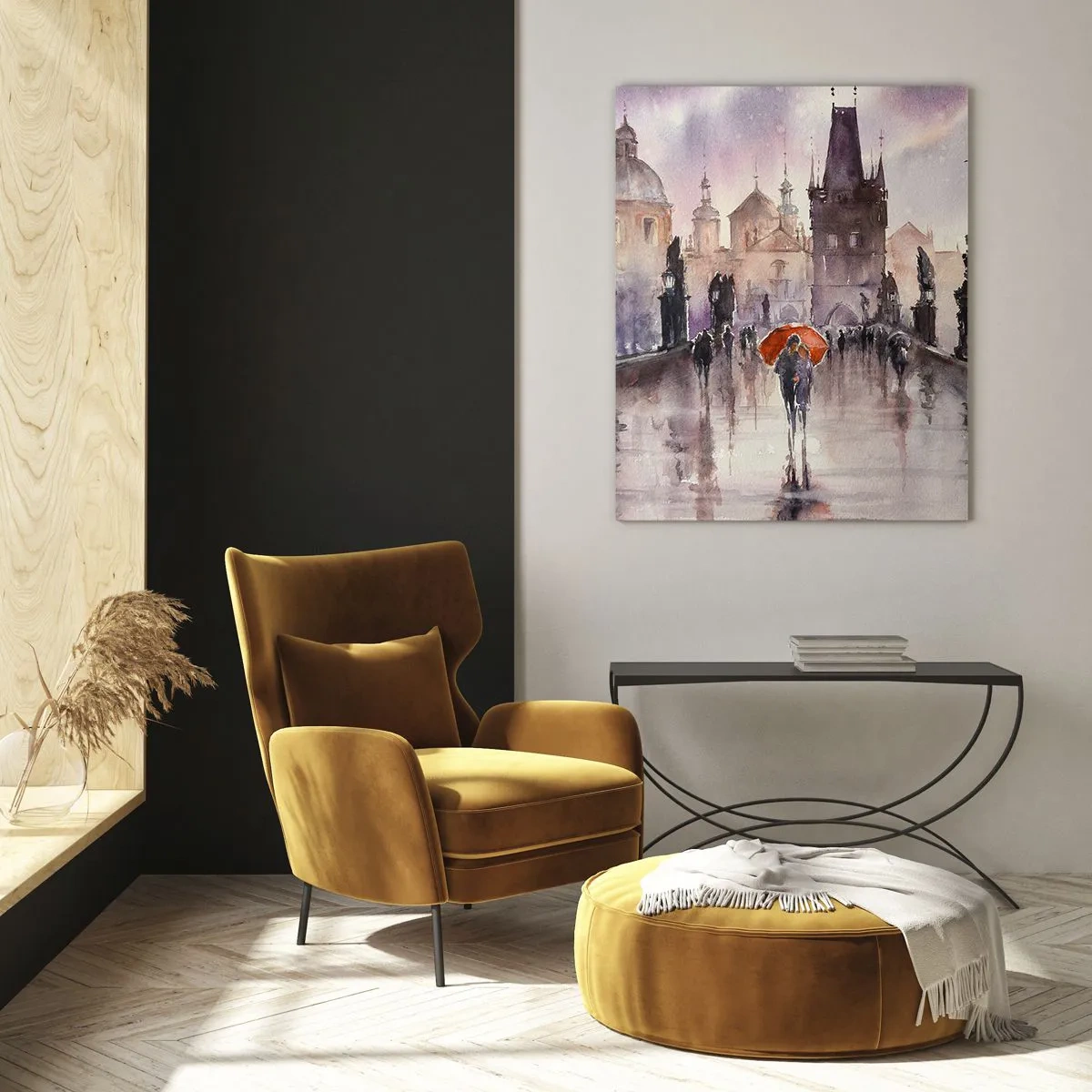 Obraz na szkle - Spacer w deszczu na moście z pomarańczową parasolką - 50x70cm - Ludzie się nie zmieniają - Nowoczesna dekoracja ścienna do salonu, kuchni i sypialni ARTTOR