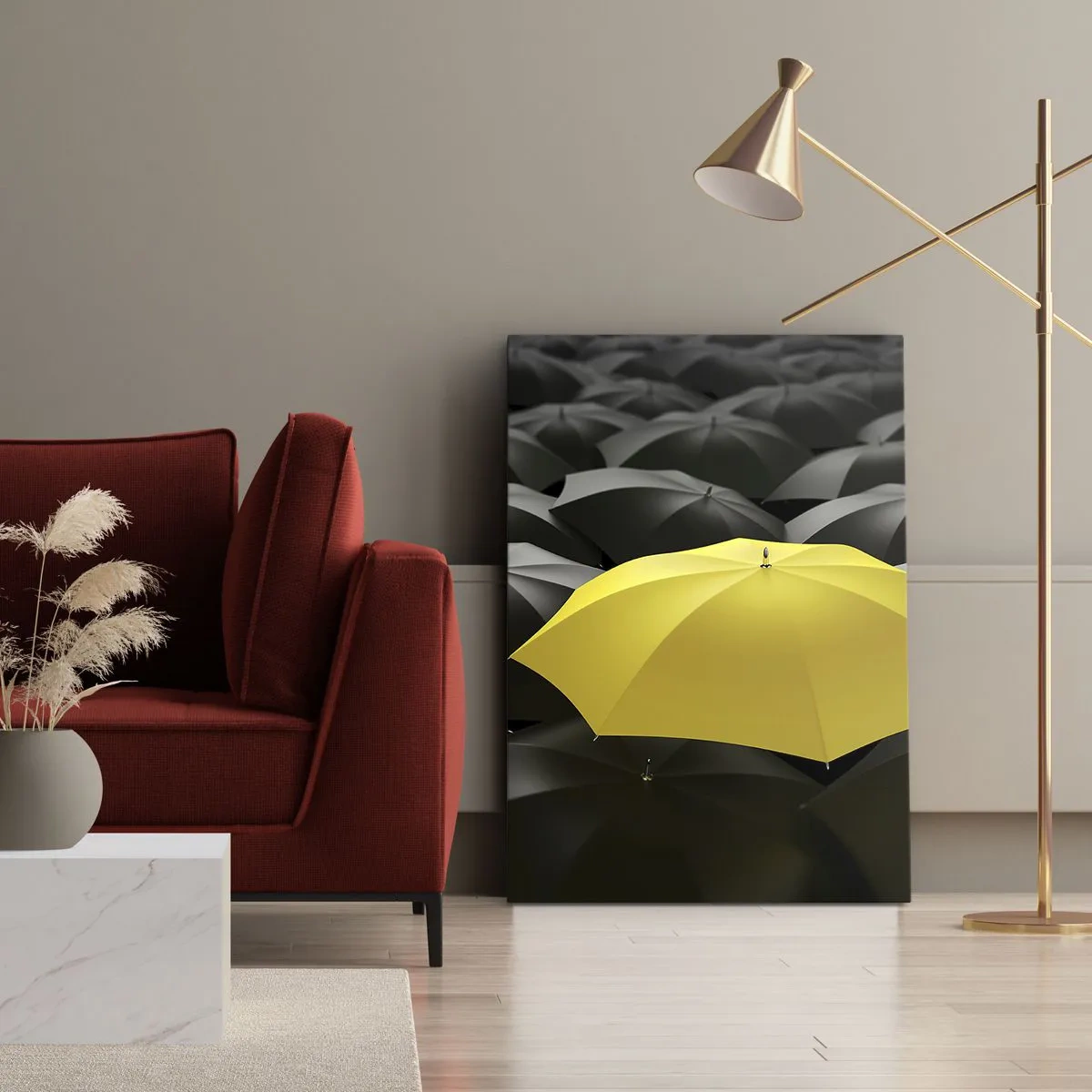 Obraz na płótnie - Żółty parasol wyróżniający się wśród czarnych - 50x70cm - Żegnaj smutku - Nowoczesna dekoracja ścienna do salonu, kuchni i sypialni ARTTOR