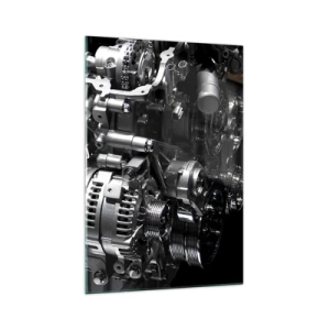 Obraz na szkle - Metalowe części silnika w zbliżeniu na czarnym tle - 70x100cm - Stalowy, piękny, silny - Nowoczesna dekoracja ścienna do salonu i sypialni ARTTOR