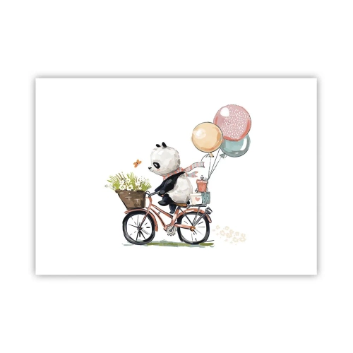 Plakat - Panda na rowerze z balonami i kwiatami - 100x70cm - Szczęśliwy dzień - Nowoczesna dekoracja ścienna do salonu i sypialni ARTTOR