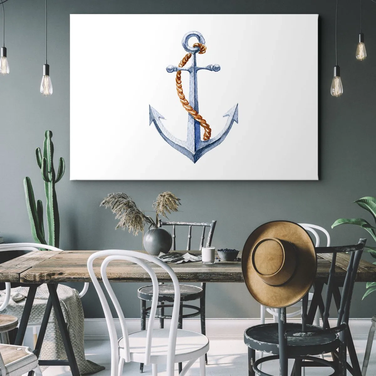Obraz na płótnie - Kotwica z liną w akwarelowym stylu - 70x50cm - Ahoj przygodo! - Nowoczesna dekoracja ścienna do salonu i sypialni ARTTOR