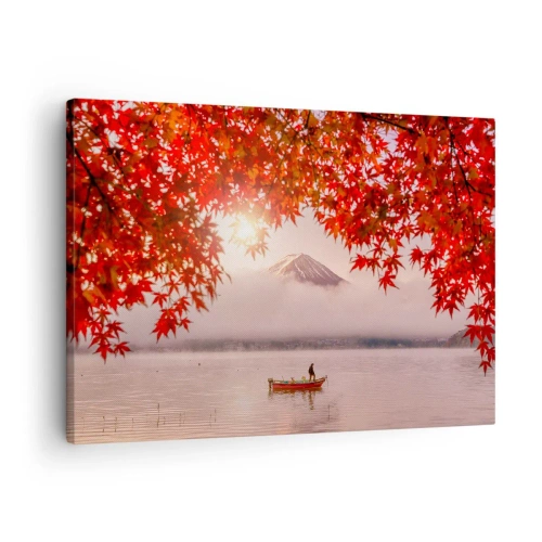 Obraz na płótnie - Łódka na jeziorze otoczona czerwonymi liśćmi klonu - 70x50cm - W japońskim klimacie - Nowoczesna dekoracja ścienna do salonu i sypialni ARTTOR