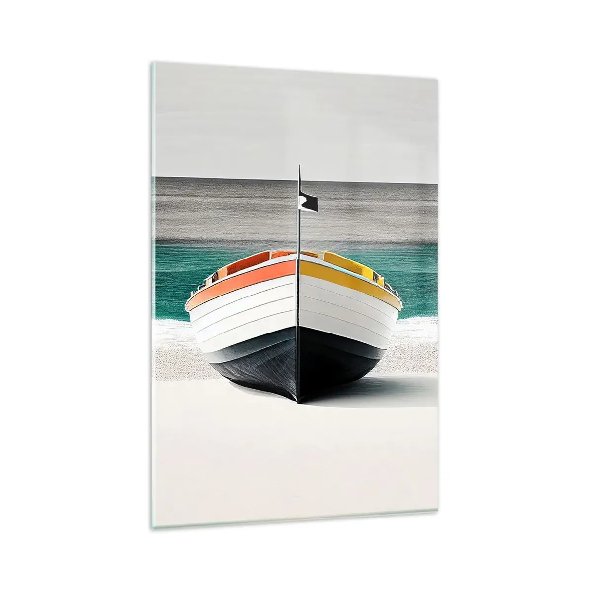 Obraz na szkle - Łódź na plaży z turkusowym morzem w tle - 80x120cm - Na swoim miejscu - Nowoczesna dekoracja ścienna do salonu i sypialni ARTTOR