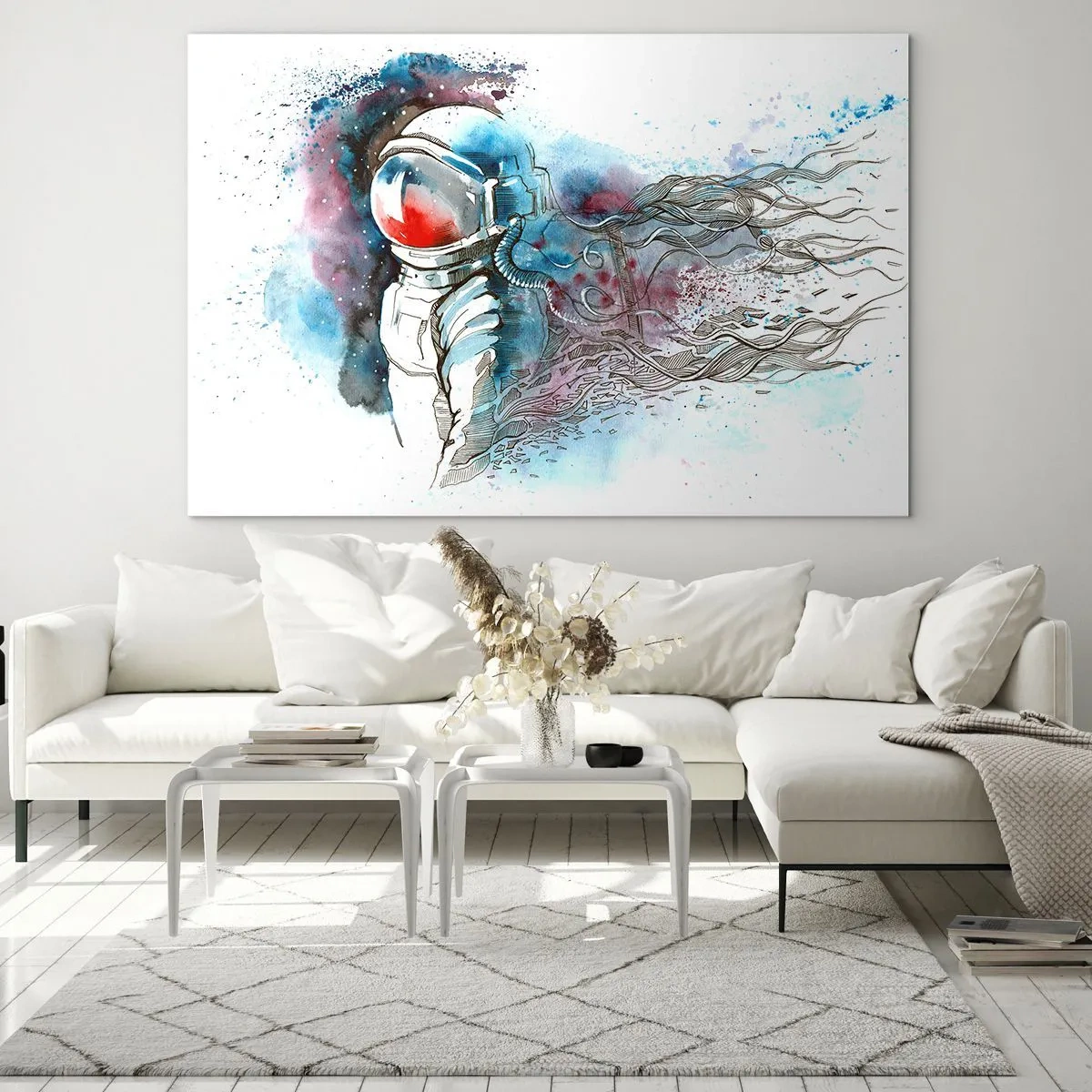Obraz na szkle - Astronauta w dynamicznej akwarelowej scenerii kosmicznej - 70x50cm - Sam na sam z kosmosem - Nowoczesna dekoracja ścienna do salonu i sypialni ARTTOR