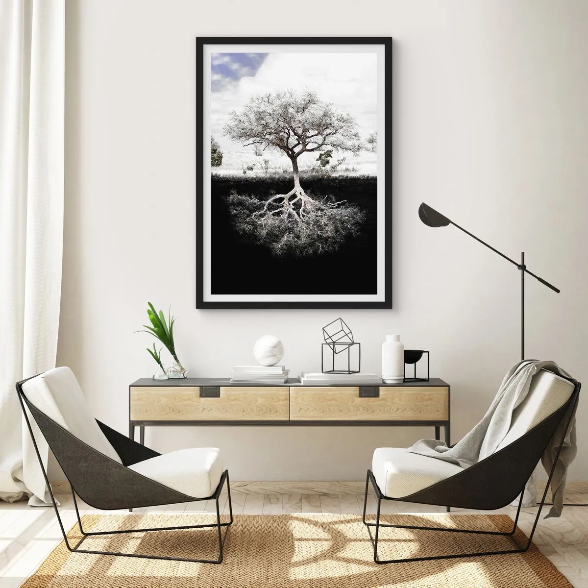 Plakat w czarnej ramie - Minimalistyczne drzewo z widocznym systemem korzeniowym - 50x70cm - Odkrycie natury świata - Nowoczesna dekoracja ścienna do salonu i sypialni ARTTOR