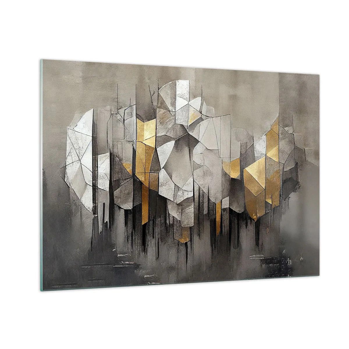 Obraz na szkle - Abstrakcyjne bryły w szarościach, bieli i złocie - 100x70cm - Kompozycja z lodu i światła - Nowoczesna dekoracja ścienna do salonu, kuchni i sypialni ARTTOR