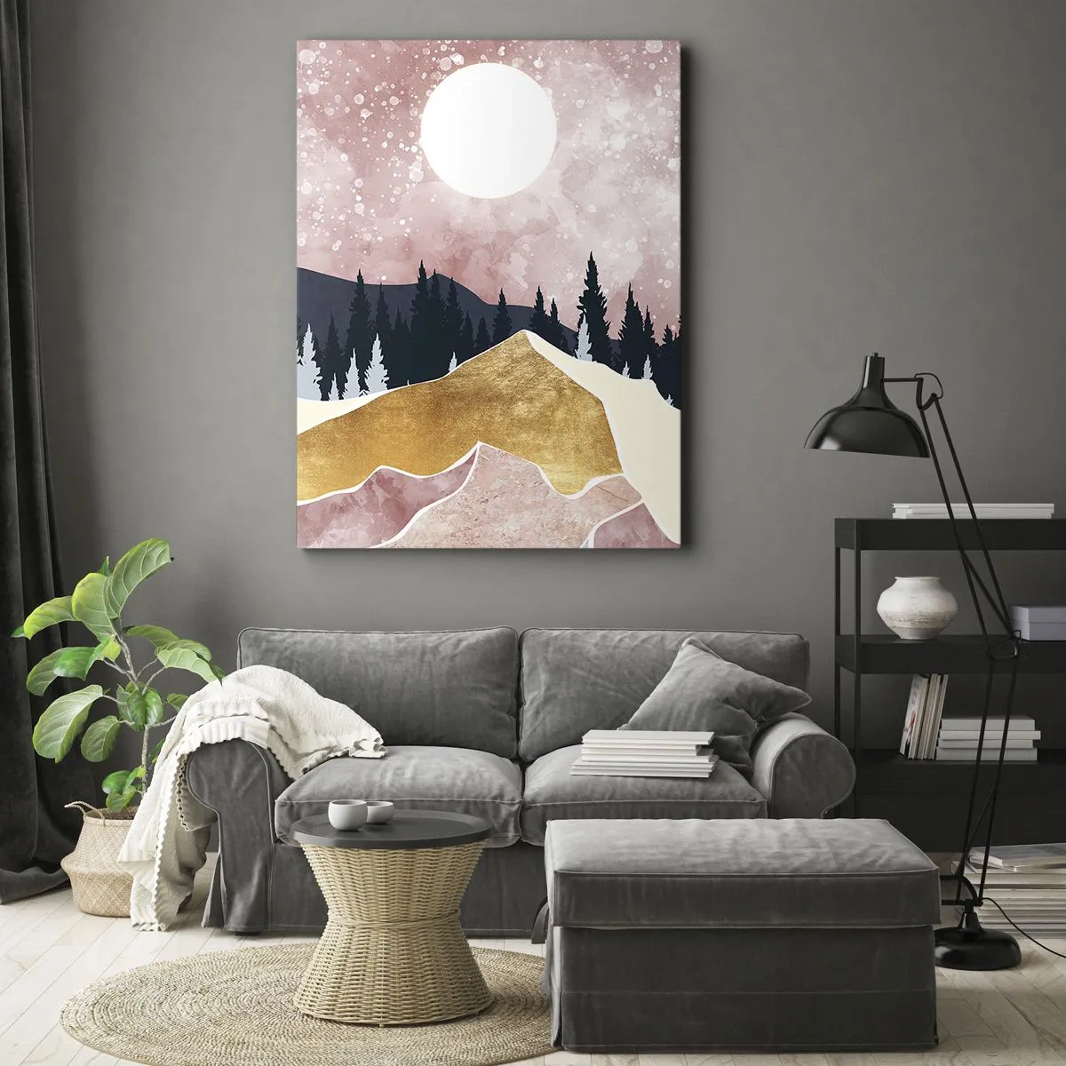 Obraz na płótnie - Kolorowe góry na tle różowego nieba z księżycem - 70x100cm - Nocna straż - Nowoczesna dekoracja ścienna do salonu i sypialni ARTTOR