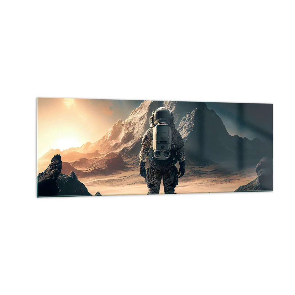 Obraz na szkle - Astronauta na tle majestatycznych gór - 140x50cm - Nowe wyzwanie - Nowoczesna dekoracja ścienna do salonu i sypialni ARTTOR