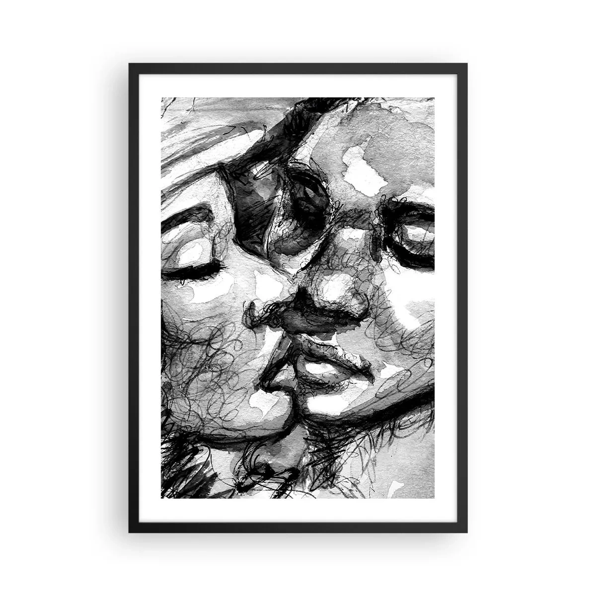 Plakat w czarnej ramie - Abstrakcyjny czarno-biały portret pocałunku - 50x70cm - Czuła chwila - Nowoczesna dekoracja ścienna do salonu i sypialni ARTTOR