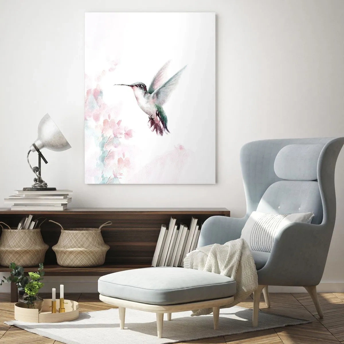 Obraz na szkle - Kolorowy koliber w delikatnej akwareli - 50x70cm - Zatrzymany w trzepocie - Nowoczesna dekoracja ścienna do salonu, kuchni i sypialni ARTTOR