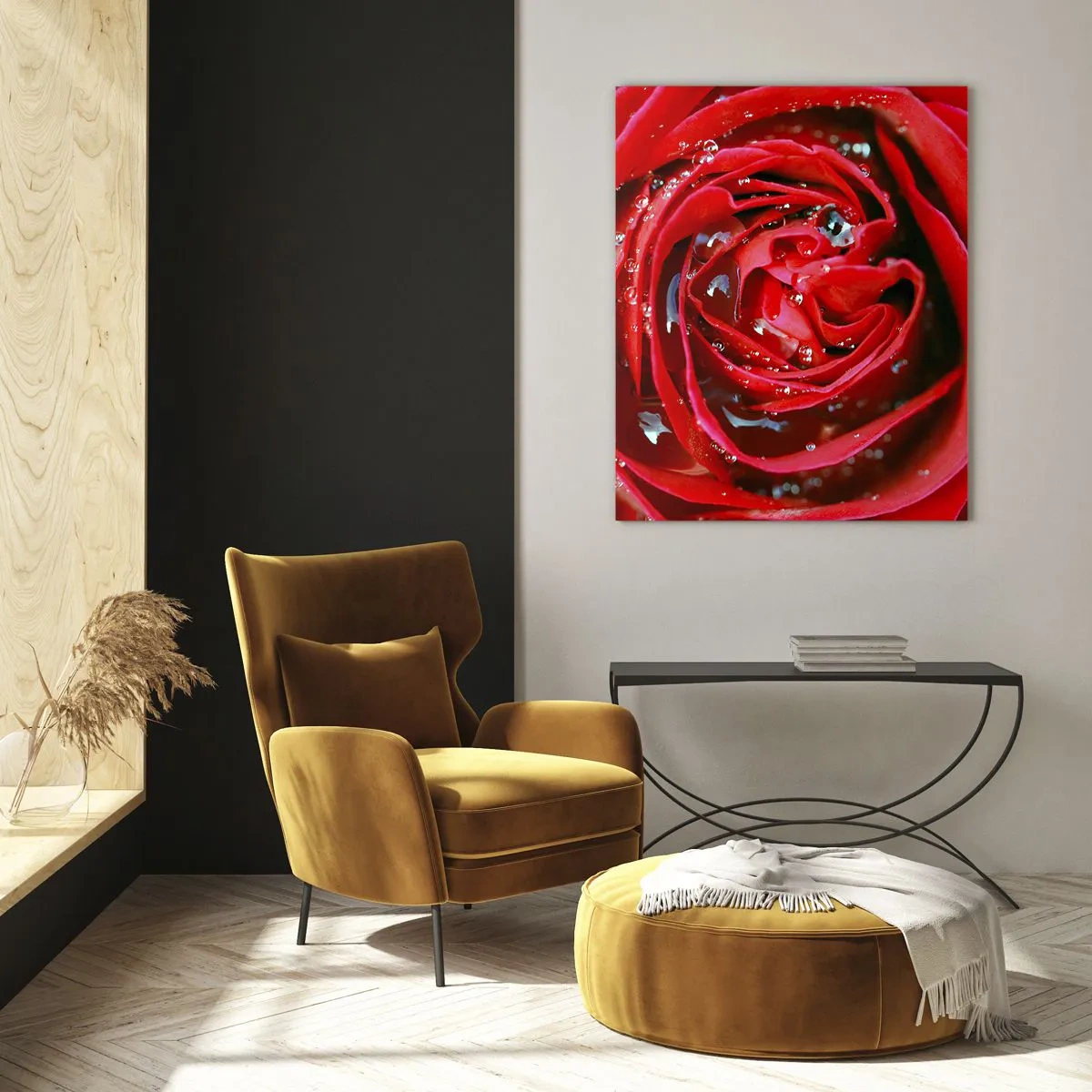 Obraz na szkle - Zbliżenie na czerwoną różę z kroplami rosy - 50x70cm - W kroplach rosy - Nowoczesna dekoracja ścienna do salonu, kuchni i sypialni ARTTOR