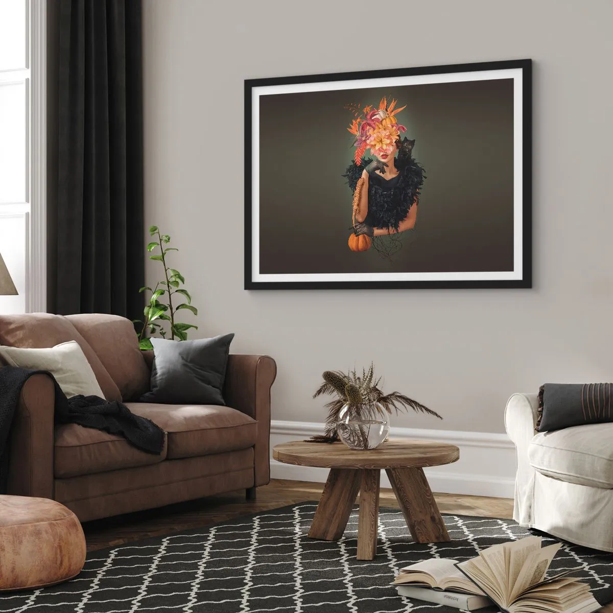 Plakat w czarnej ramie - Portret kobiety z jesiennymi motywami i kotem - 70x50cm - Czar wiedźmy - Nowoczesna dekoracja ścienna do salonu i sypialni ARTTOR
