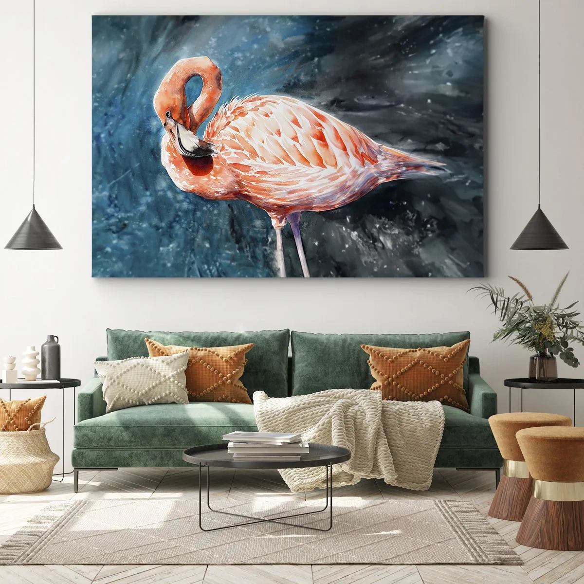 Obraz na płótnie - Różowy flaming na tle akwarelowego błękitu - 70x50cm - Dekoracyjny z natury - Nowoczesna dekoracja ścienna do salonu i sypialni ARTTOR