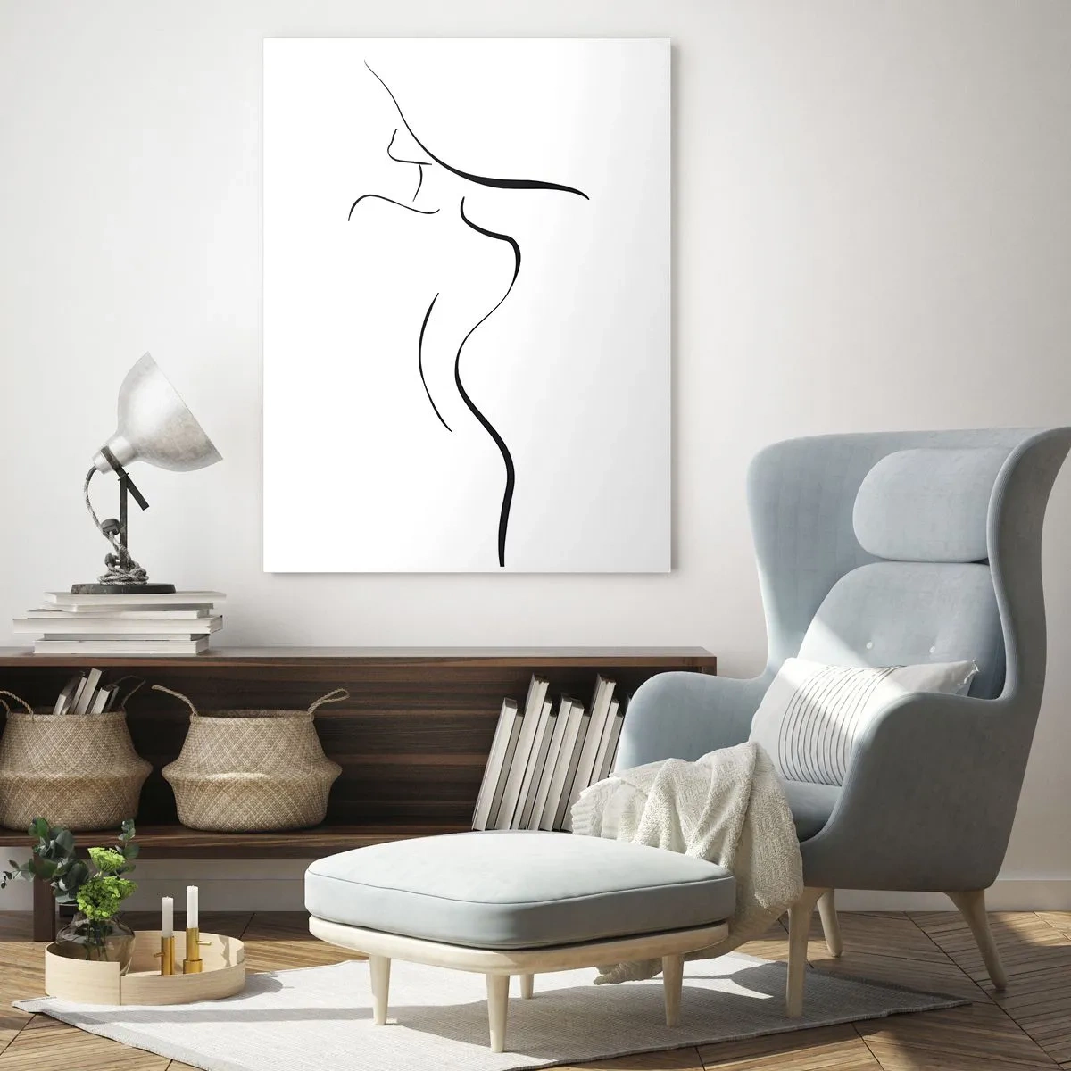 Obraz na szkle - Minimalistyczny kontur kobiecej sylwetki w czerni na bieli - 50x70cm - Nieuchwytna jak fala - Nowoczesna dekoracja ścienna do salonu, kuchni i sypialni ARTTOR
