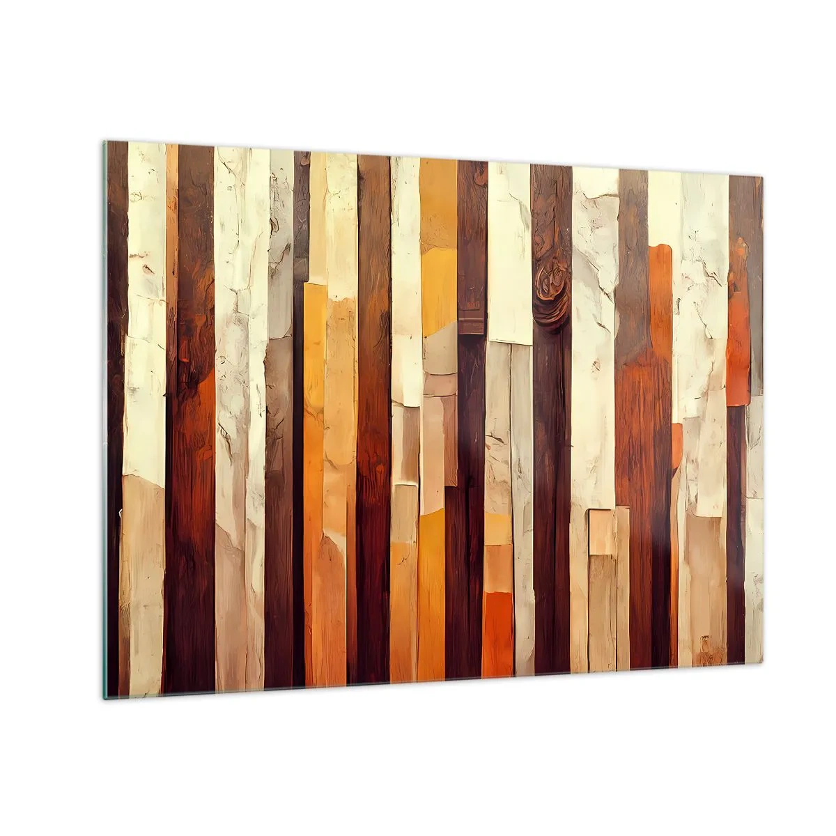 Obraz na szkle - Kompozycja z pionowych pasów w odcieniach drewna i beżu - 70x50cm - Hymn leśnych drzew - Nowoczesna dekoracja ścienna do salonu i sypialni ARTTOR