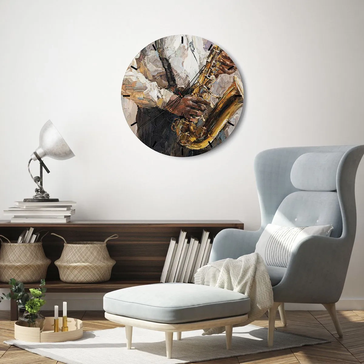 Zegar ścienny - Artystyczne malarstwo przedstawiające muzyka grającego na saksofonie - 30x30cm - Czas na solo - Nowoczesna dekoracja ścienna do salonu, kuchni i sypialni ARTTOR