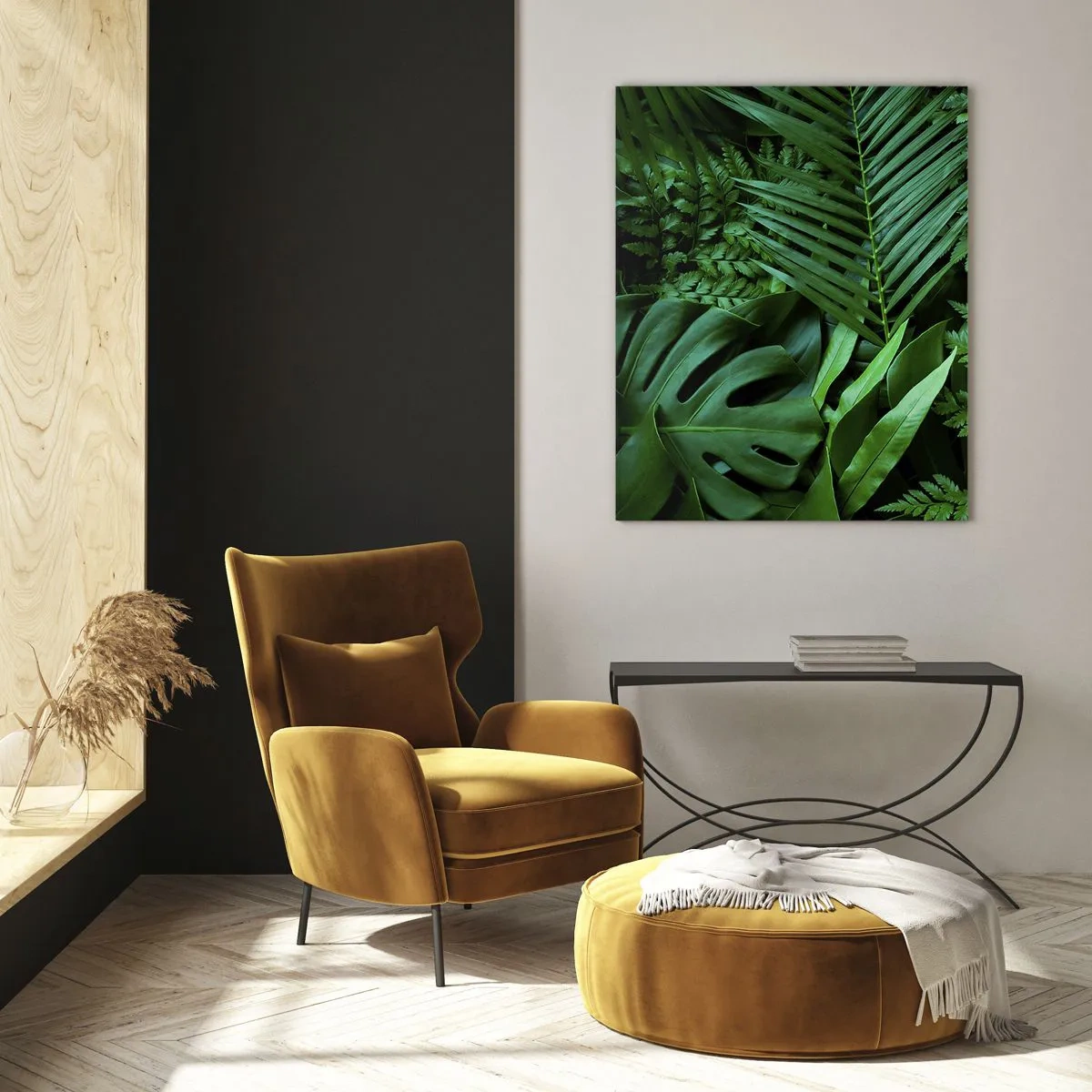 Obraz na szkle - Zielone liście tropikalne w gęstej i naturalnej kompozycji - 80x120cm - Utulone w zieleni - Nowoczesna dekoracja ścienna do salonu i sypialni ARTTOR