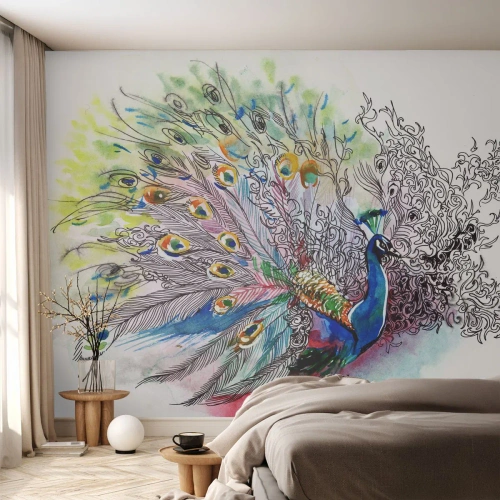 Fototapeta Premium Sand - Akwarelowa ilustracja pawia z fantazyjnym ogonem - 100x70cm - Z dumą przeciw szarości  - Nowoczesna dekoracja ścienna do salonu, kuchni i sypialni ARTTOR