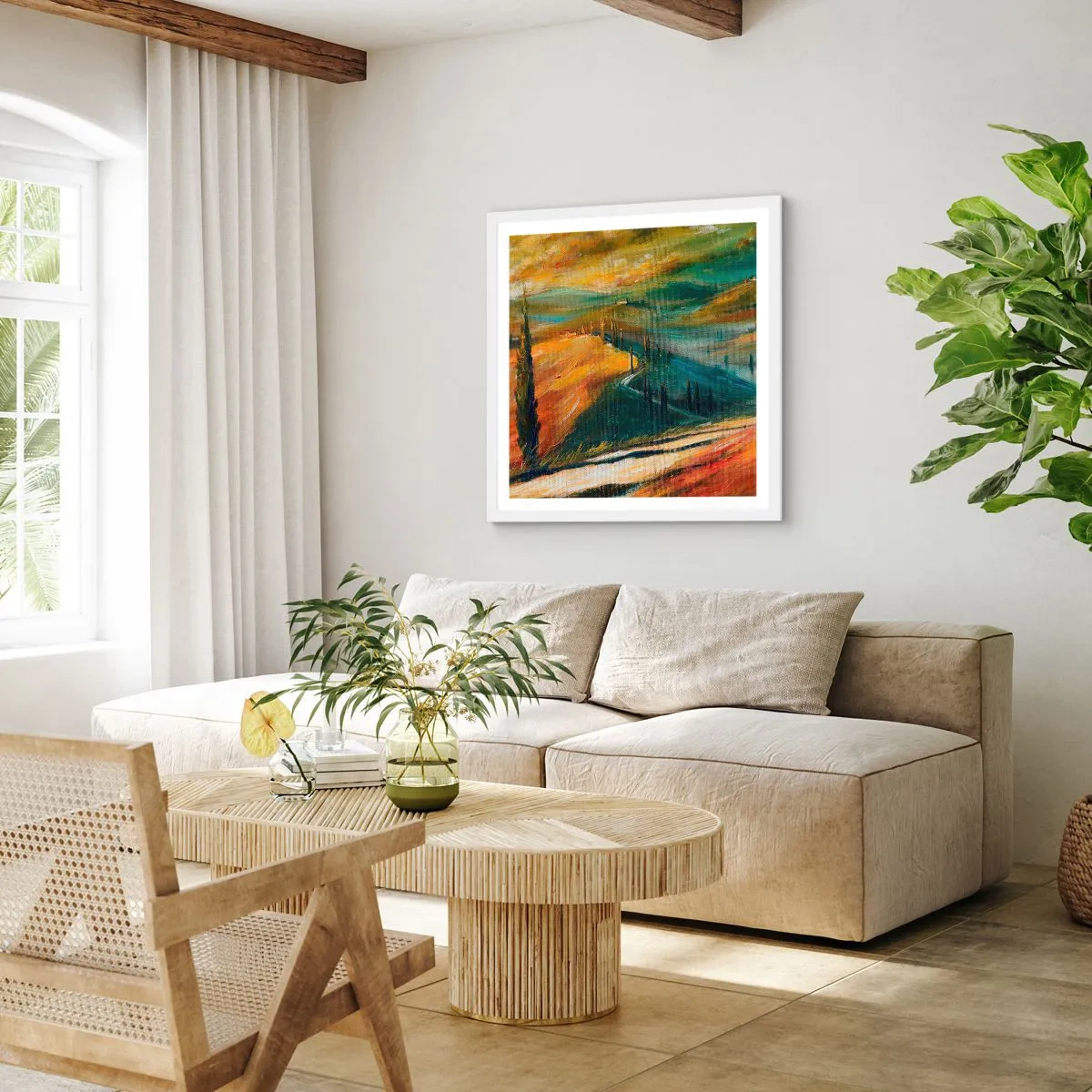 Plakat w białej ramie - Toskański pejzaż - 50x50 cm