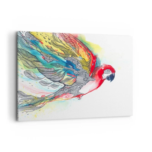 Obraz na płótnie - Kolorowa papuga w locie z abstrakcyjnymi wzorami na skrzydłach - 100x70cm - Żyj kolorowo - Nowoczesna dekoracja ścienna do salonu, kuchni i sypialni ARTTOR