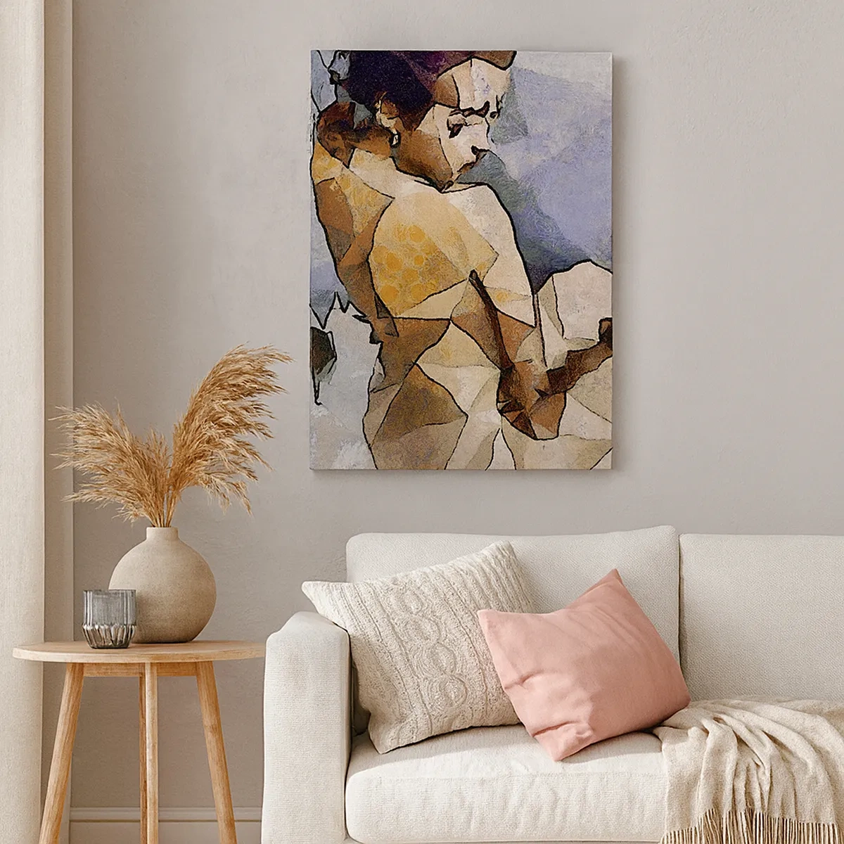 Obraz na płótnie - Kubistyczna kompozycja przedstawiająca kobietę w odcieniach beżu i błękitu - 50x70cm - W duchu kubizmu - Nowoczesna dekoracja ścienna do salonu, kuchni i sypialni ARTTOR