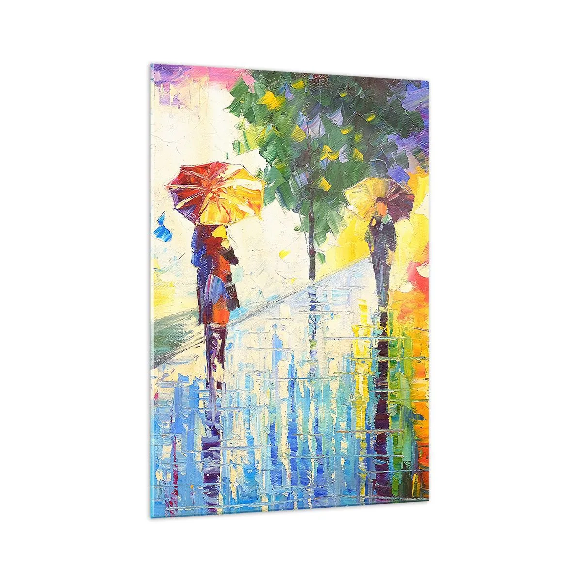 Obraz na szkle - Spacer z parasolką w kolorowym deszczowym pejzażu - 70x100cm - I wszystko jasne - Nowoczesna dekoracja ścienna do salonu i sypialni ARTTOR