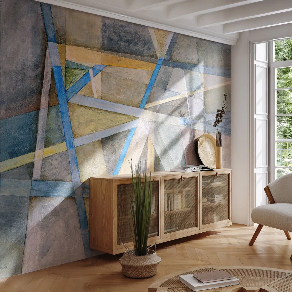 Fototapeta Premium Canvas - Geometryczna kompozycja z jasnymi i niebieskimi liniami - 100x70cm - Na wprost czy na skos? - Nowoczesna dekoracja ścienna do salonu i sypialni ARTTOR