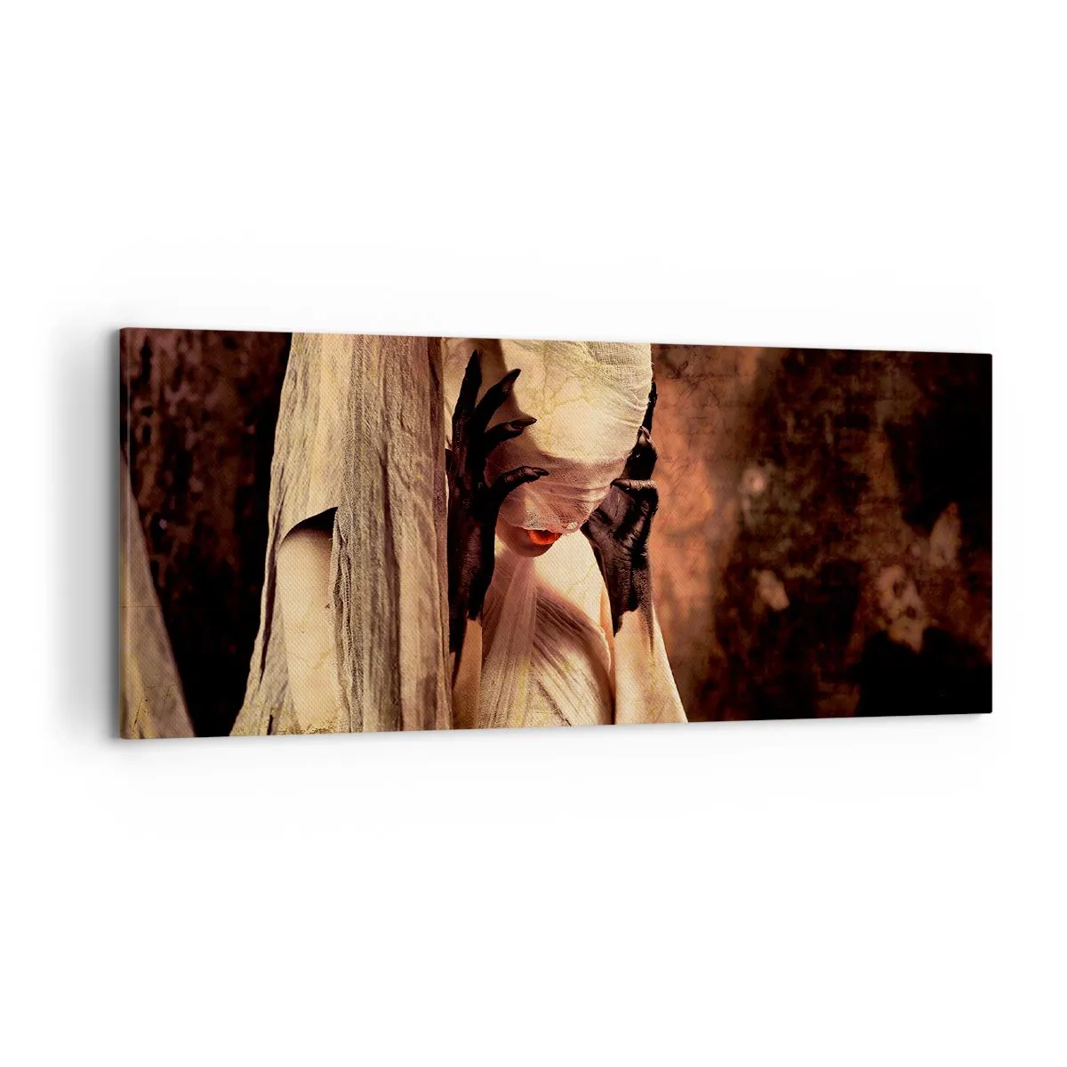 Obraz na płótnie - Kobieta w welonie z tajemniczą stylizacją w ciemnym tle - 120x50cm - Między dobrem a złem - Nowoczesna dekoracja ścienna do salonu i sypialni ARTTOR