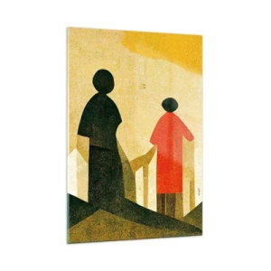 Obraz na szkle - Geometryczne sylwetki postaci wśród wysokich form na tle żółtego nieba - 50x70cm - Jeszcze daleka droga - Nowoczesna dekoracja ścienna do salonu, kuchni i sypialni ARTTOR
