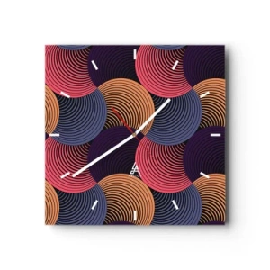 Zegar ścienny - Geometryczne kręgi w odcieniach różu, fioletu i złota - 30x30cm - W kolistym rytmie - Nowoczesna dekoracja ścienna do salonu i sypialni ARTTOR