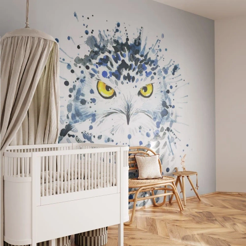 Fototapeta Premium Canvas - Abstrakcyjny portret sowy w niebiesko-żółtej kolorystyce - 100x70cm - Prosto w oczy - Nowoczesna dekoracja ścienna do salonu i sypialni ARTTOR