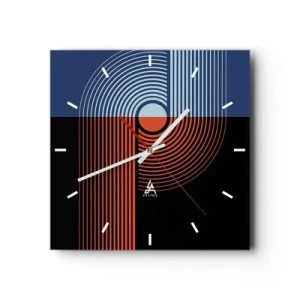 Zegar ścienny - Geometryczna abstrakcja z liniami w kolorach granatu i pomarańczu - 30x30cm - W geometrycznym uścisku - Nowoczesna dekoracja ścienna do salonu i sypialni ARTTOR
