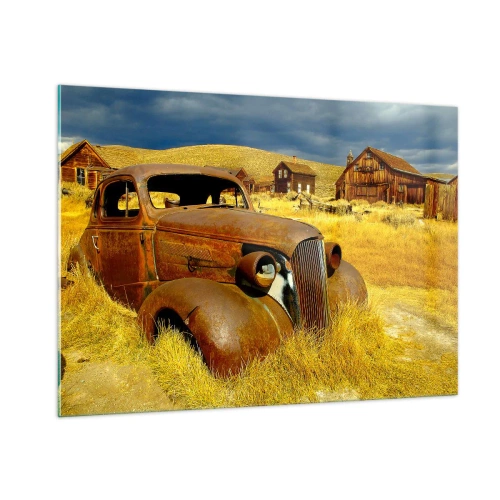 Obraz na szkle - Zabytkowy samochód na tle opustoszałej wioski - 100x70cm - Zasłużony odpoczynek - Nowoczesna dekoracja ścienna do salonu, kuchni i sypialni ARTTOR