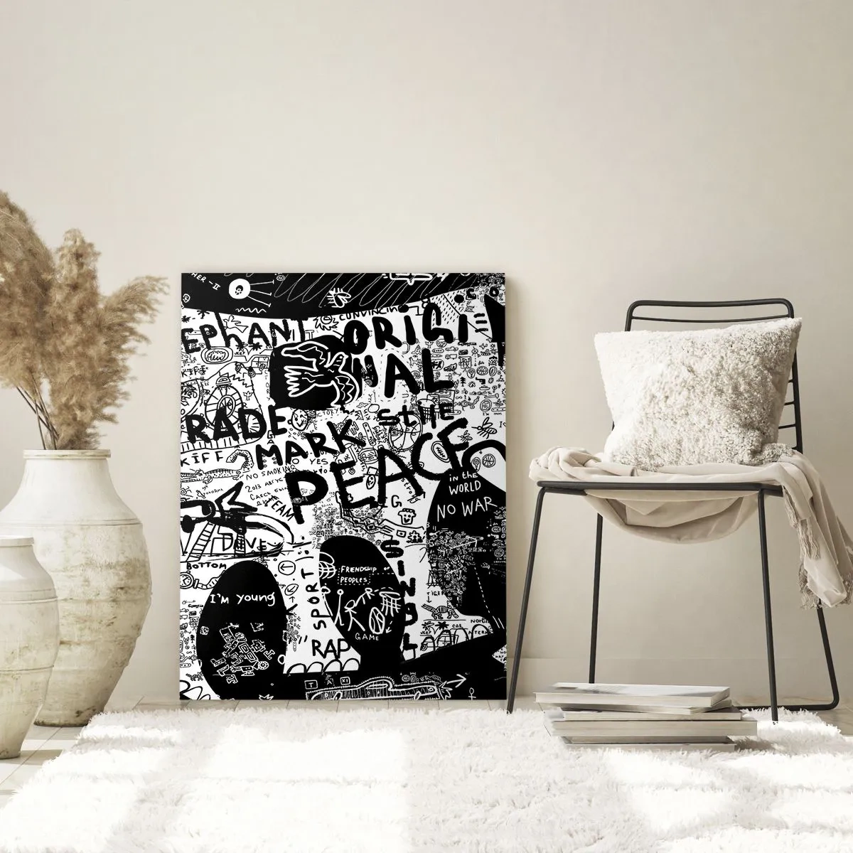 Obraz na szkle - Czarno-biały obraz graffiti z motywami pokoju i wolności - 50x70cm - Bogaty świat ulicy - Nowoczesna dekoracja ścienna do salonu, kuchni i sypialni ARTTOR