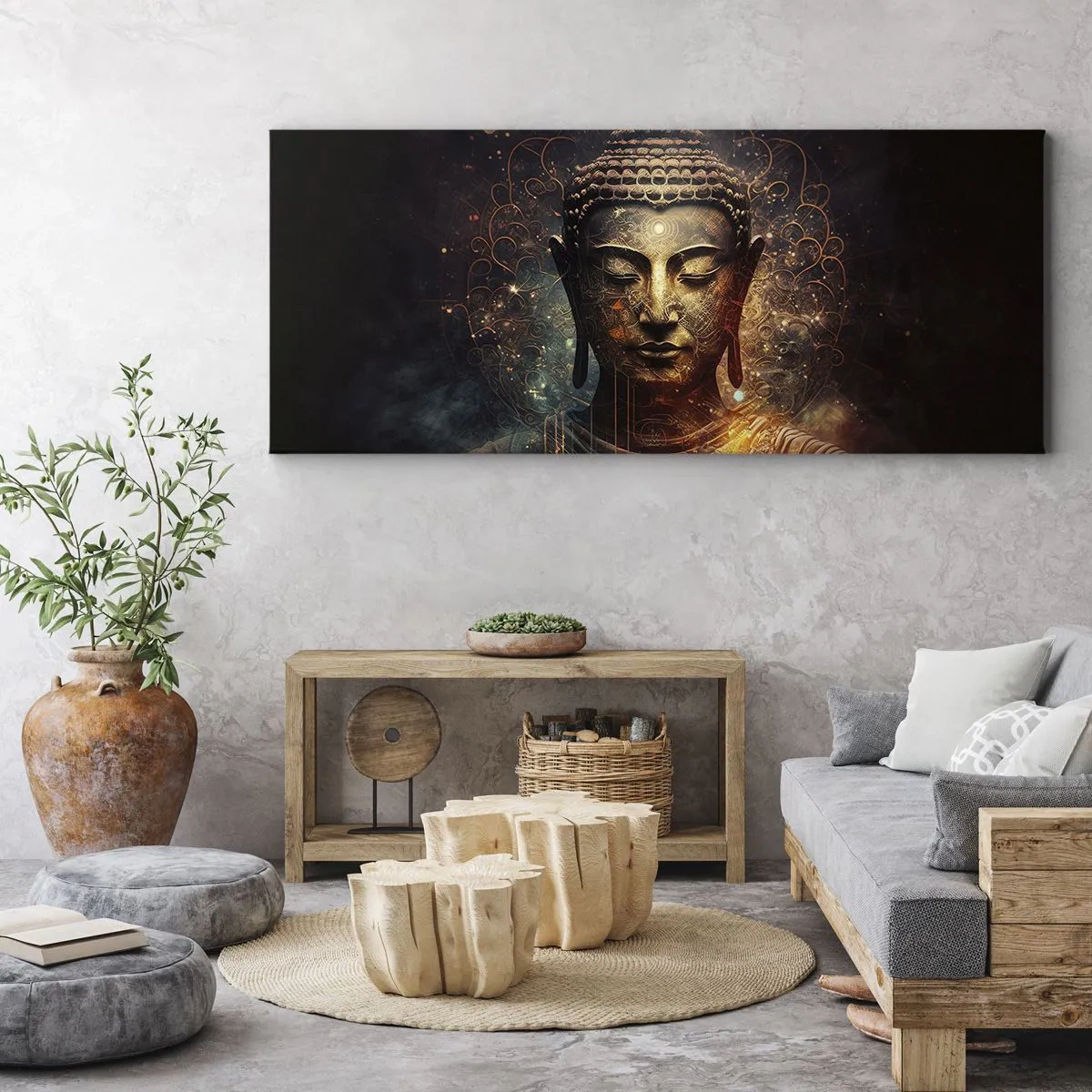 Obraz na płótnie - Złoty Budda na ciemnym tle z ornamentami - 160x50cm - Duchowa równowaga - Nowoczesna dekoracja ścienna do salonu i sypialni ARTTOR