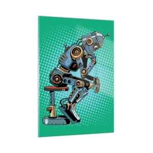 Obraz na szkle - Robot myśliciel na tle zielonego pop-artowego wzoru - 50x70cm - Nad istotą bytu - Nowoczesna dekoracja ścienna do salonu, kuchni i sypialni ARTTOR
